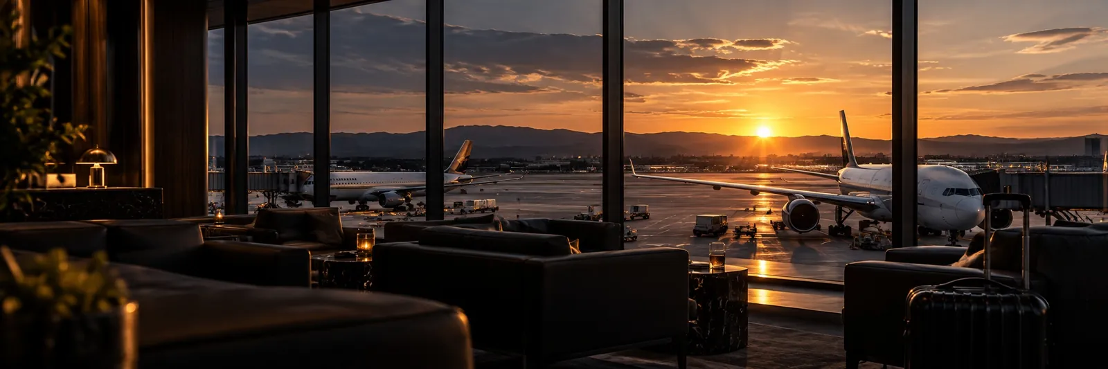Airport lounge overlooking aircraft and the sunset